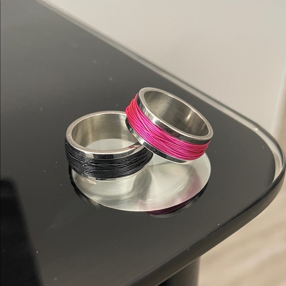 Stainless Steel Pink and Black Band Ring Set - Picture 1 of 6